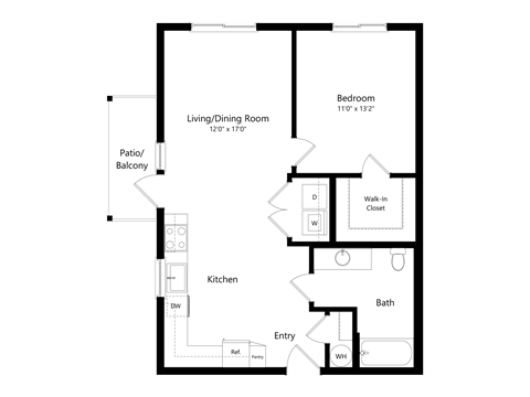 Floor plan for 1 bed, 1 bath, 767 sqft